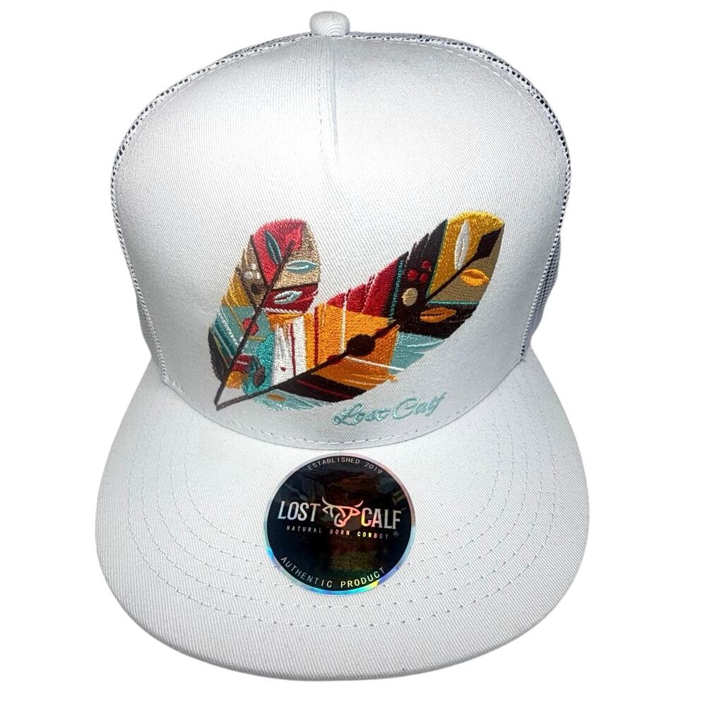 NWT Lost Calf Mens Tribe Patch Flat Bill Adjustable Snapback Cap Hat White Teal